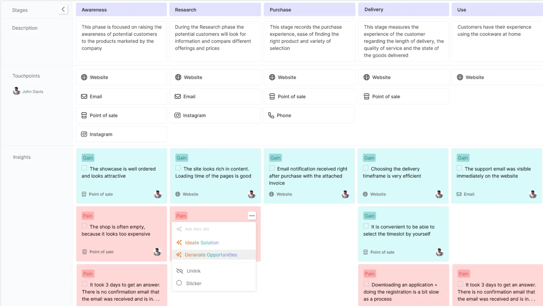 AI Ideation of solutions and opportunities in journey map