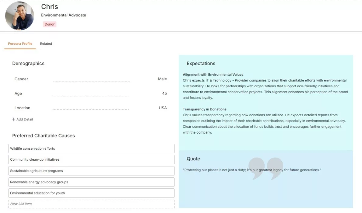 Nonprofit Donor Persona example